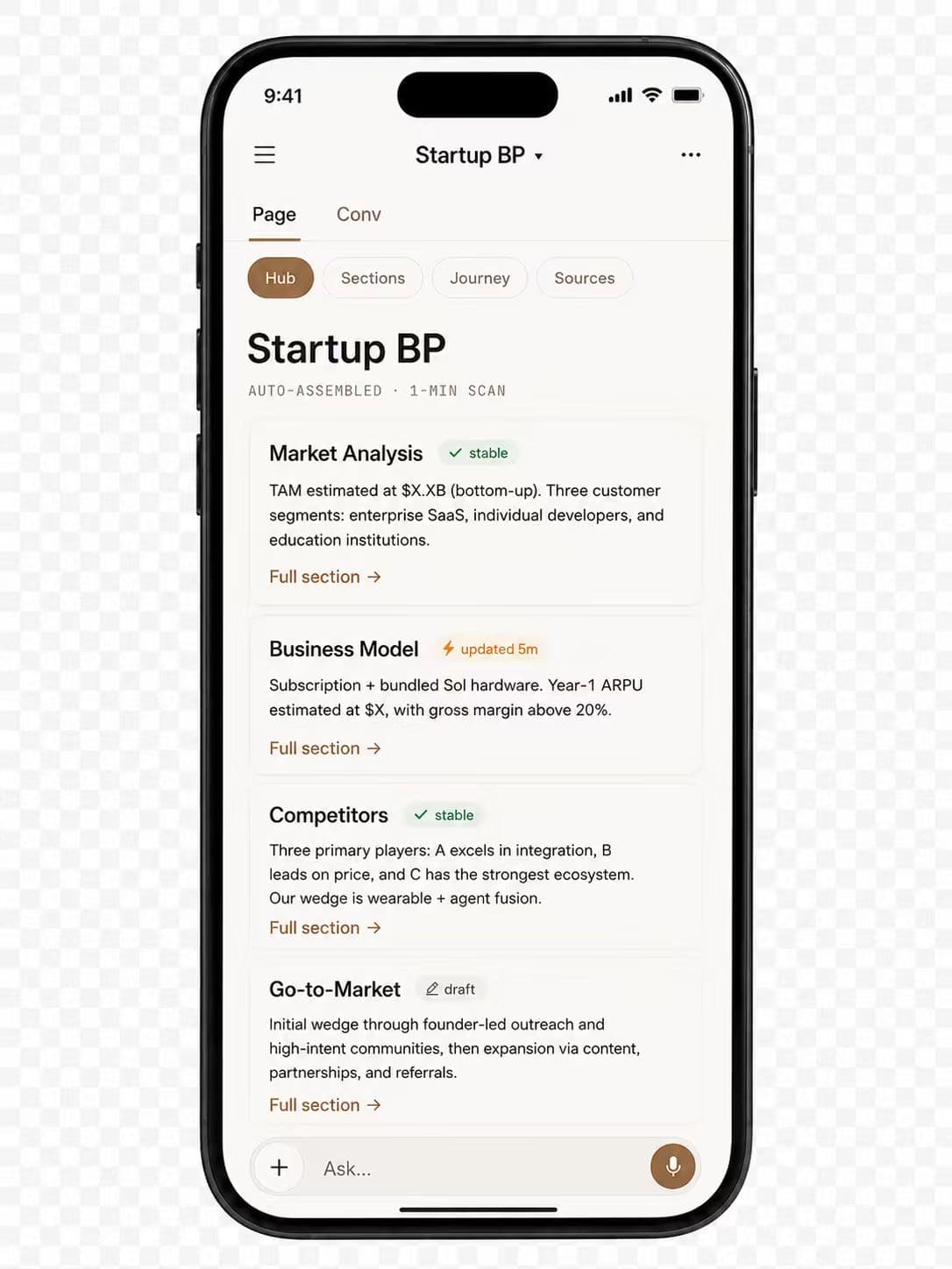 iPhone showing a Folio page populated with structured sections