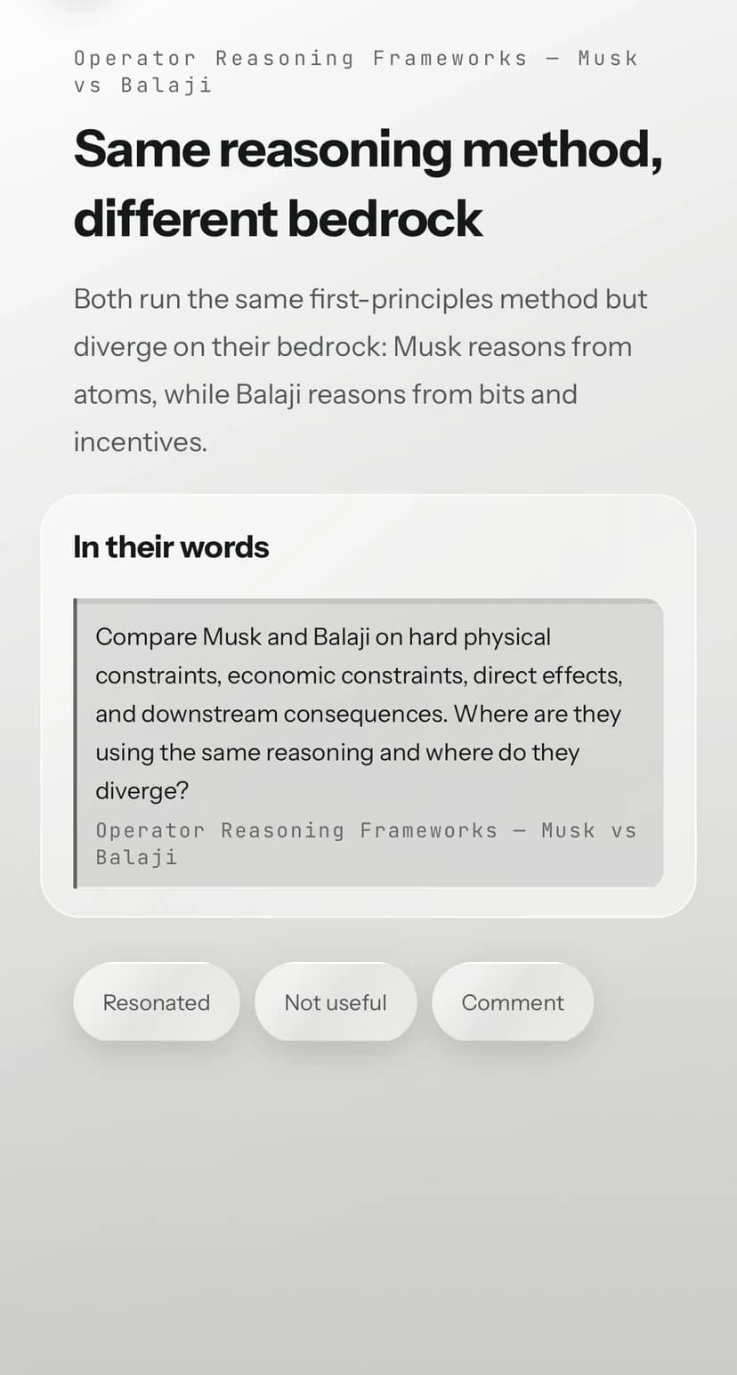 Tessera Header Card comparing two reasoning frameworks and offering feedback controls.