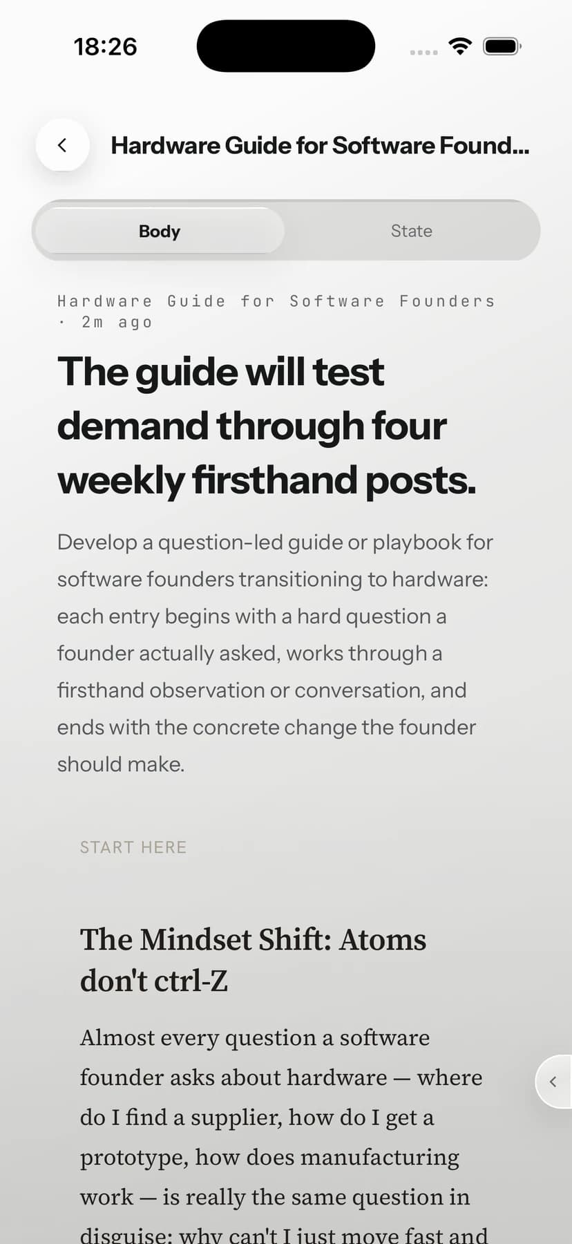 Tessera Folio showing the thesis and goal for a hardware guide for software founders.