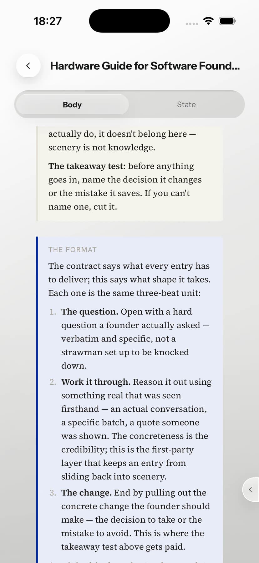 Tessera Folio showing a structured question, working process, and change format.