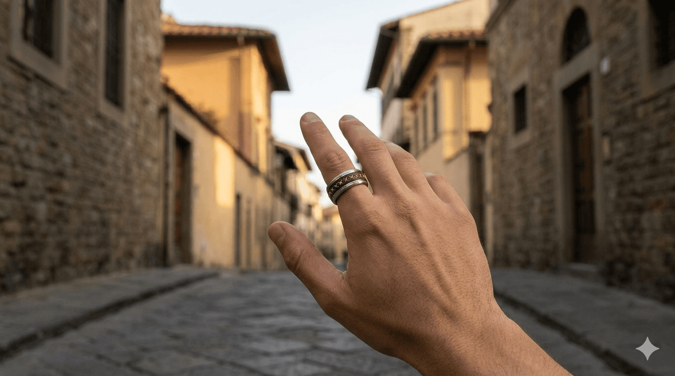 A hand in a sunlit European stone alley, wearing the Sol ring