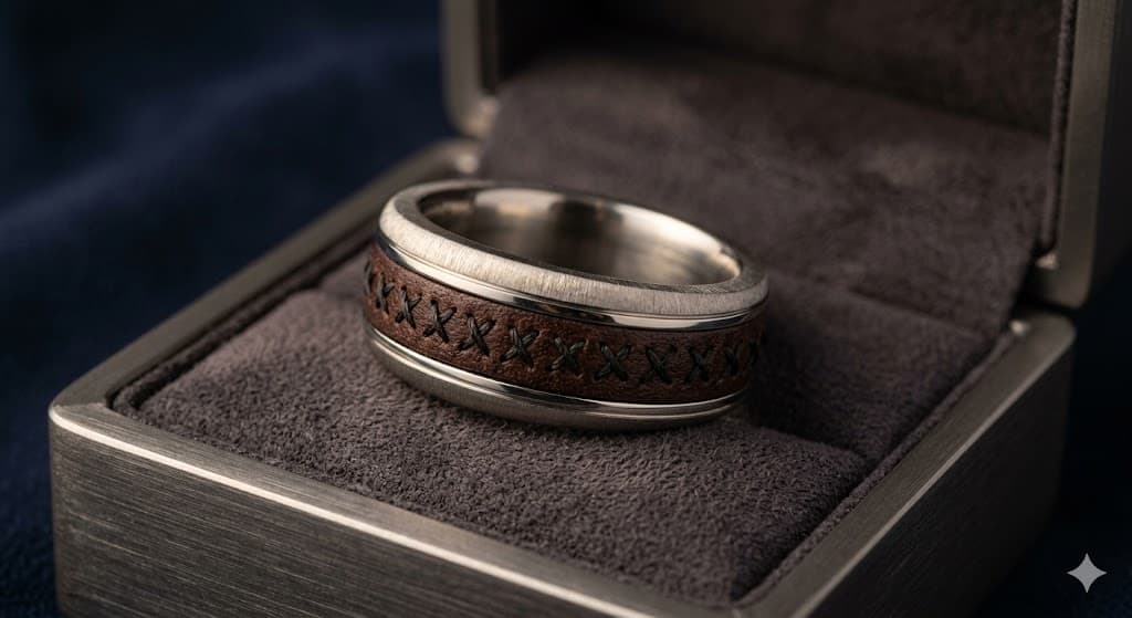 The Sol ring resting on dark velvet, stainless steel with Italian leather inlay